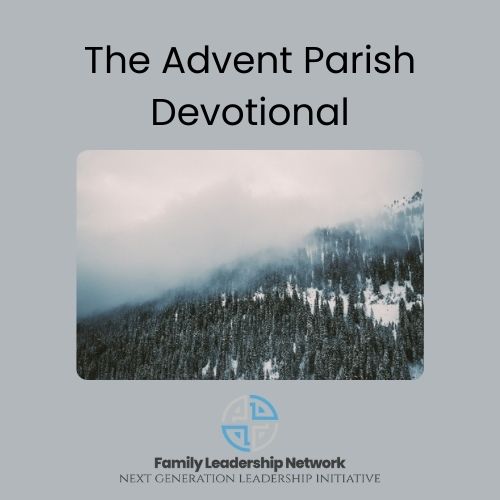 Photo of snowy mountainside with text "The Advent Parish Devotional"